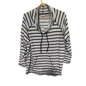 Danskin Now Top White Blue Stripe Cowl Drawstring Neck Pocket Womans 1X